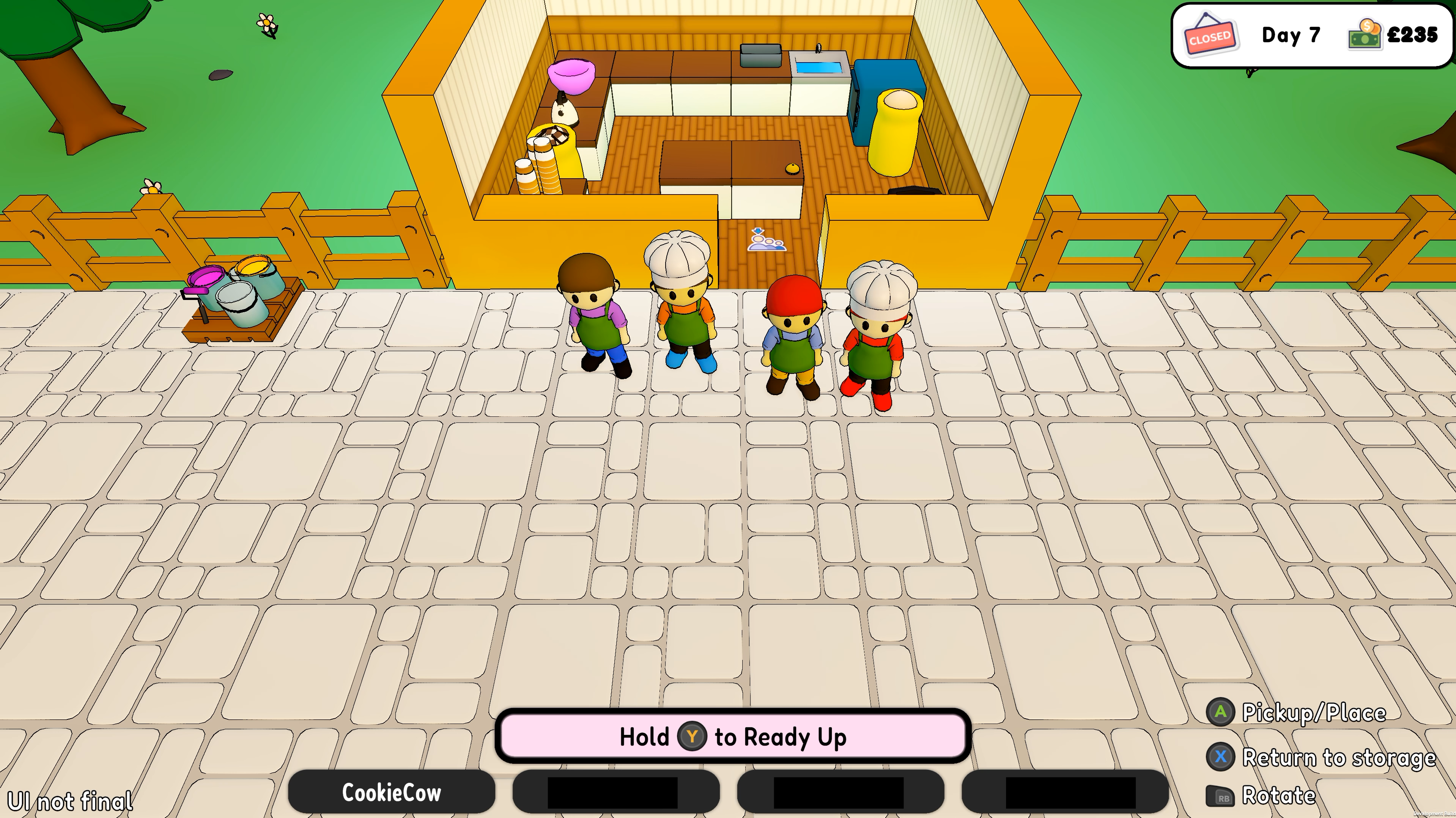 Four player characters outside their bakery